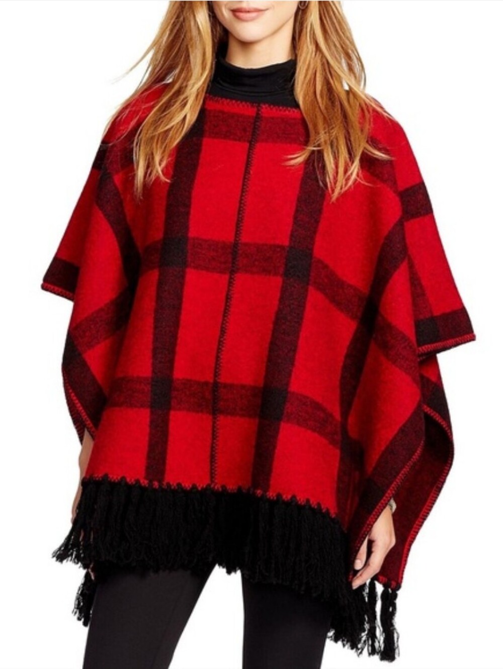 LAUREN Ralph Lauren Wool Buffalo Plaid Fringe Poncho Sweater Red Black PM/PL